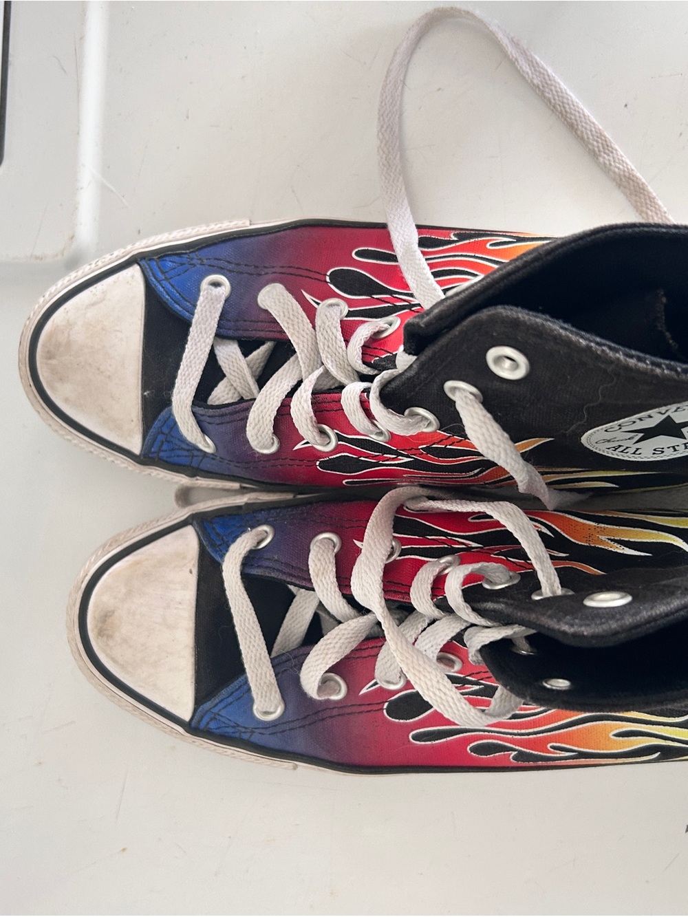 Converse Woman’s/Kids Black High-Top Sneakers with Red-Orange-Blue Flame Print - Picture 6 of 6